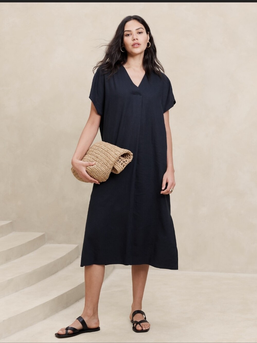 Banana Republic Linen Blend Kaftan Midi Dress In Preppy Navy
